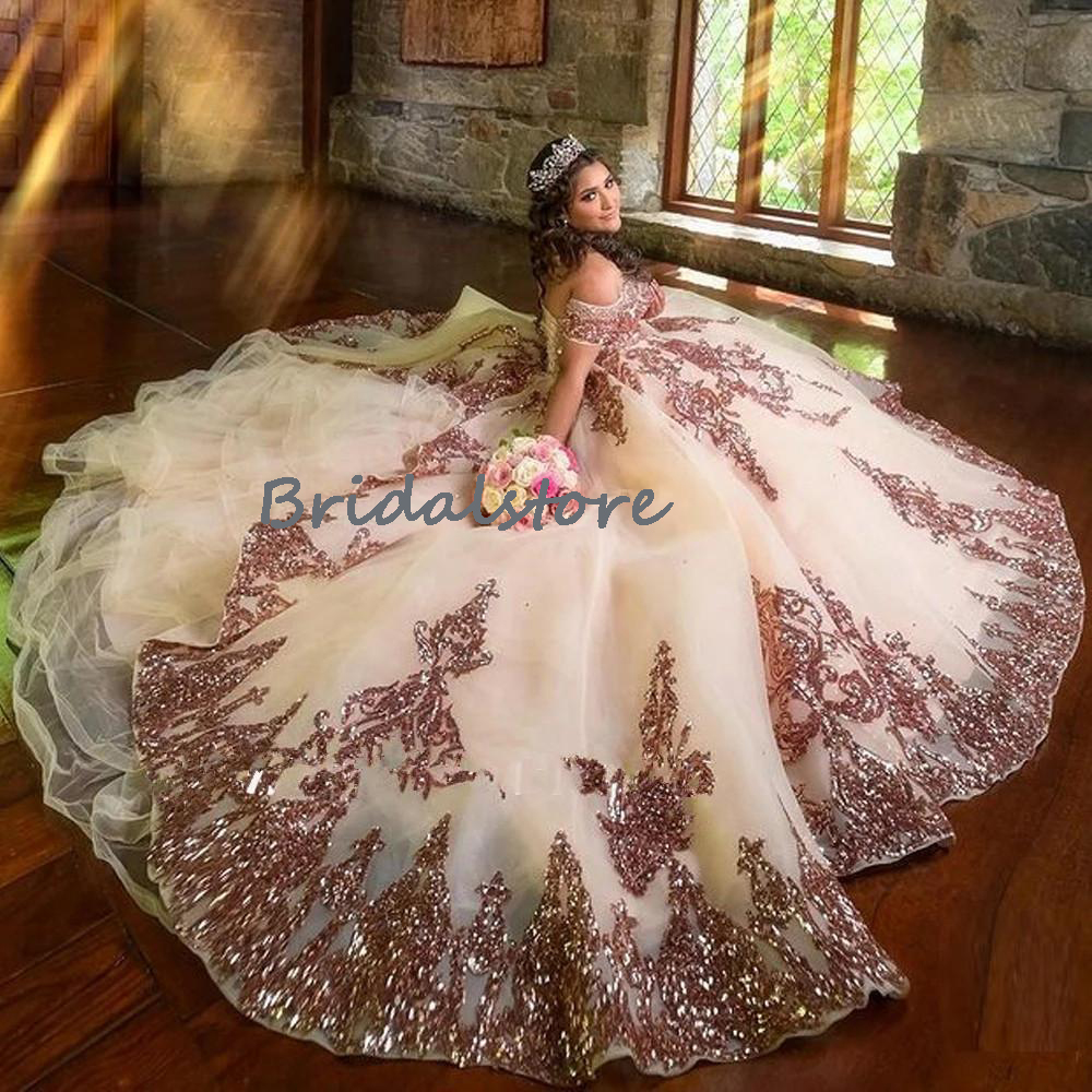 Rose Gold Sequin Quinceanera Dresses Vestidos De 15 Anos Princess Plus Size Masquerade Prom Gowns Sweet 15 Birthday Party Skirt With Detachable Sleeve