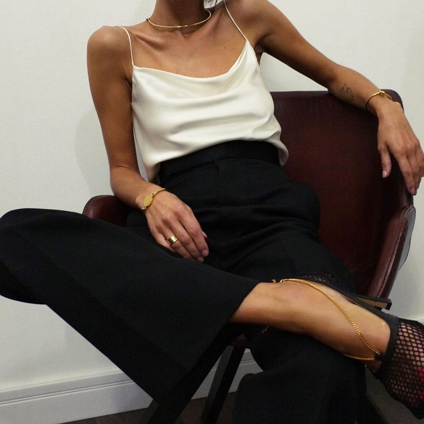 OOTN Elegant Spring Satin Black Cami Top Women Beige Silk Spaghetti Strap Camis Ladies Solid Draped Sleeveless Summer Camisole 210308