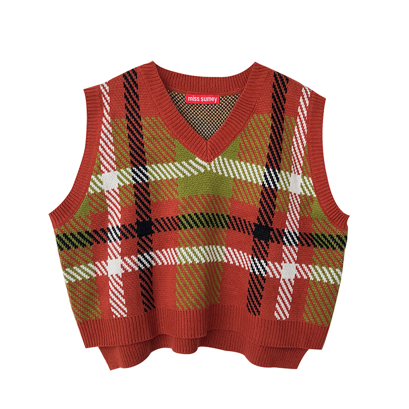 SHENGPALAE 2021 V Collar Sleeveless Knitted Women Tops 3 Colors Patchwork Plaid Loose Big Size Korean Female Vest FU054 210308