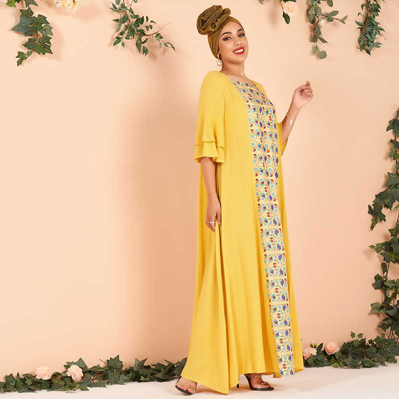 Summer products ladies fashion and elegant lotus leaf sleeve flower vine print color matching loose large size rayon dress 210630