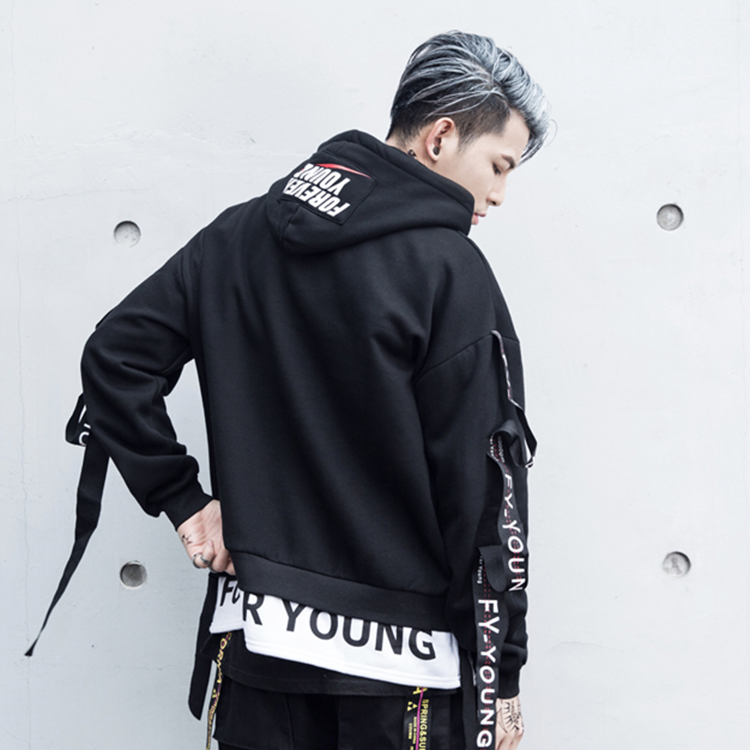 11 BYBB'S DARK Hip Hop Patchwork Ribbon Hoodie Men Harajuku Streetwear Pullover Fashion Casual Oversized Hooded Sweatshirts 201020