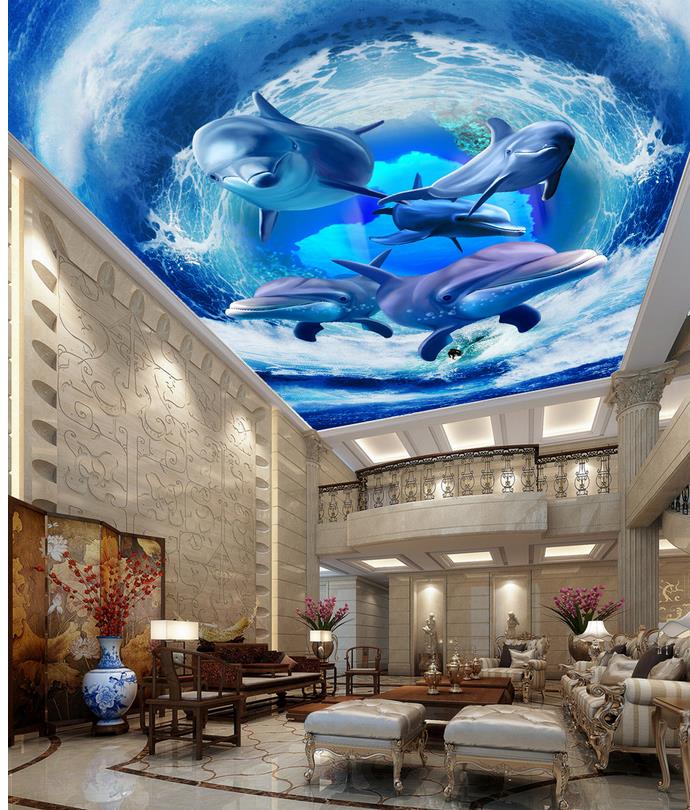 Custom 3d ceilings Wave Dolphin Ceiling Mural modern wallpaper for living room