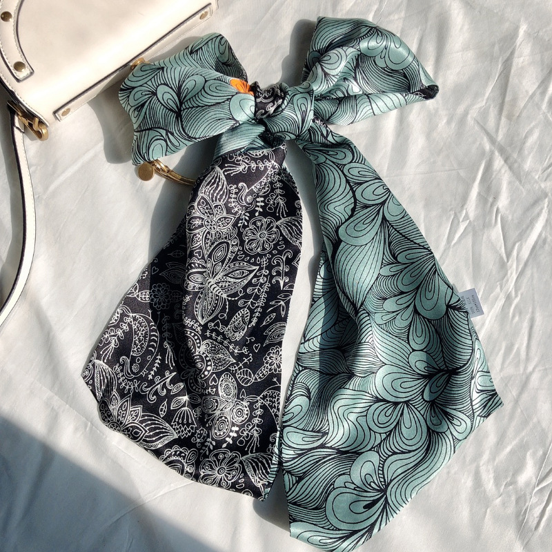 Silk Long Narrow Scarf with Multi-function Striped Flower Printing, High-quality Plain Crepe Satin Double-layer Wild Streamer