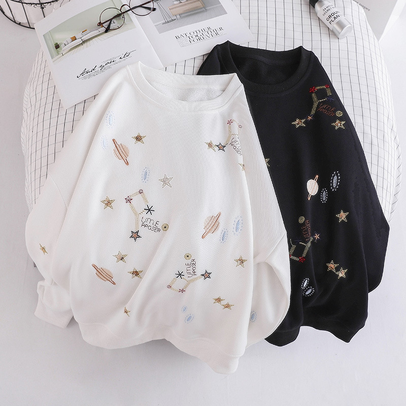 Milinsus Kpop Winter Women Thinness Sweatshirts Fashion Cartoon Embroidery Long Sleeve Pullover Female Round Neck Tracksuit tops 201102