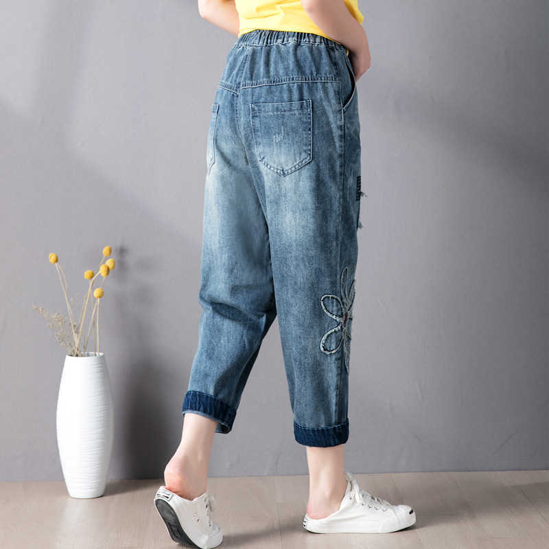 9261 Women Fashion Elastic Waist Vintage Patchwork Floral Embroidery Ankle Length Harem Denim Pants Female Casual Loose Jeans 210922