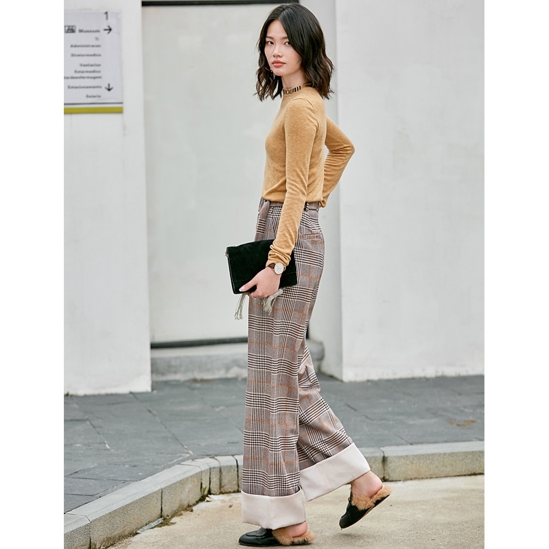 Straight Leg Pants Spring Women Casual Plaid Loose With Belt Elegant Female Trousers 11870377 210527