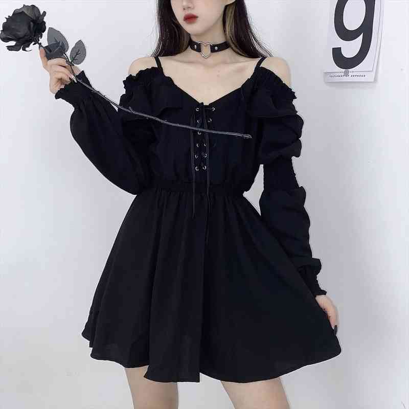womens dresses xl lace-up black fall high waist womens dress off shoulder long sleeve gothic clothing, Black;gray
womens dresses xl lace-up black fall high waist womens dress off shoulder long sleeve gothic clothing, Black;gray