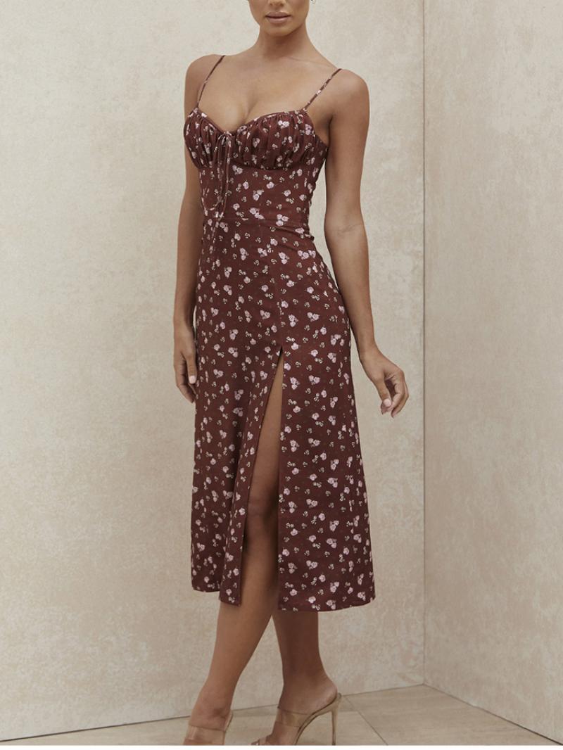 Summer women's floral dress beach wind grassland open back chest draped lace side slit sexy long skirt