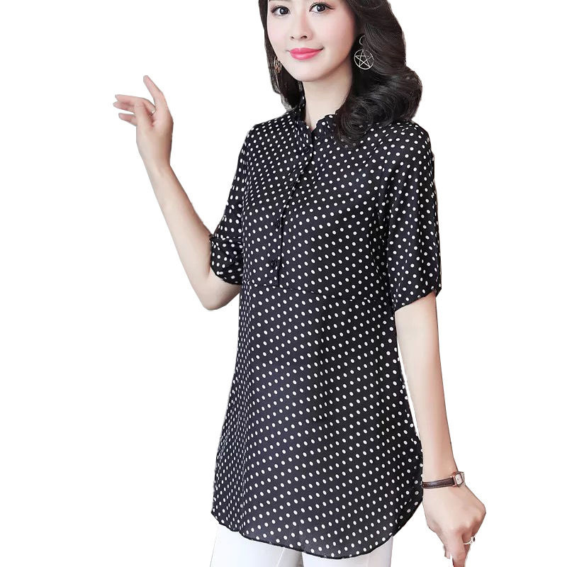 Women Spring Summer Style Blouses Shirts Lady Casual Stand Collar Short Sleeve Polka Dot Printed blusas Tops DF3733 210225