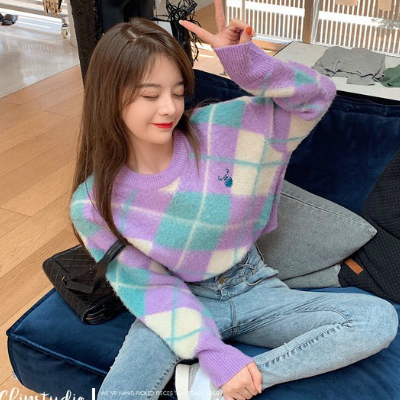 Women Cropped Sweater Vintage Argyle Pattern Pullover Knitted Top Sweet Print O-neck Long Sleeve 90s Autumn Winter Sweater Woman 210218