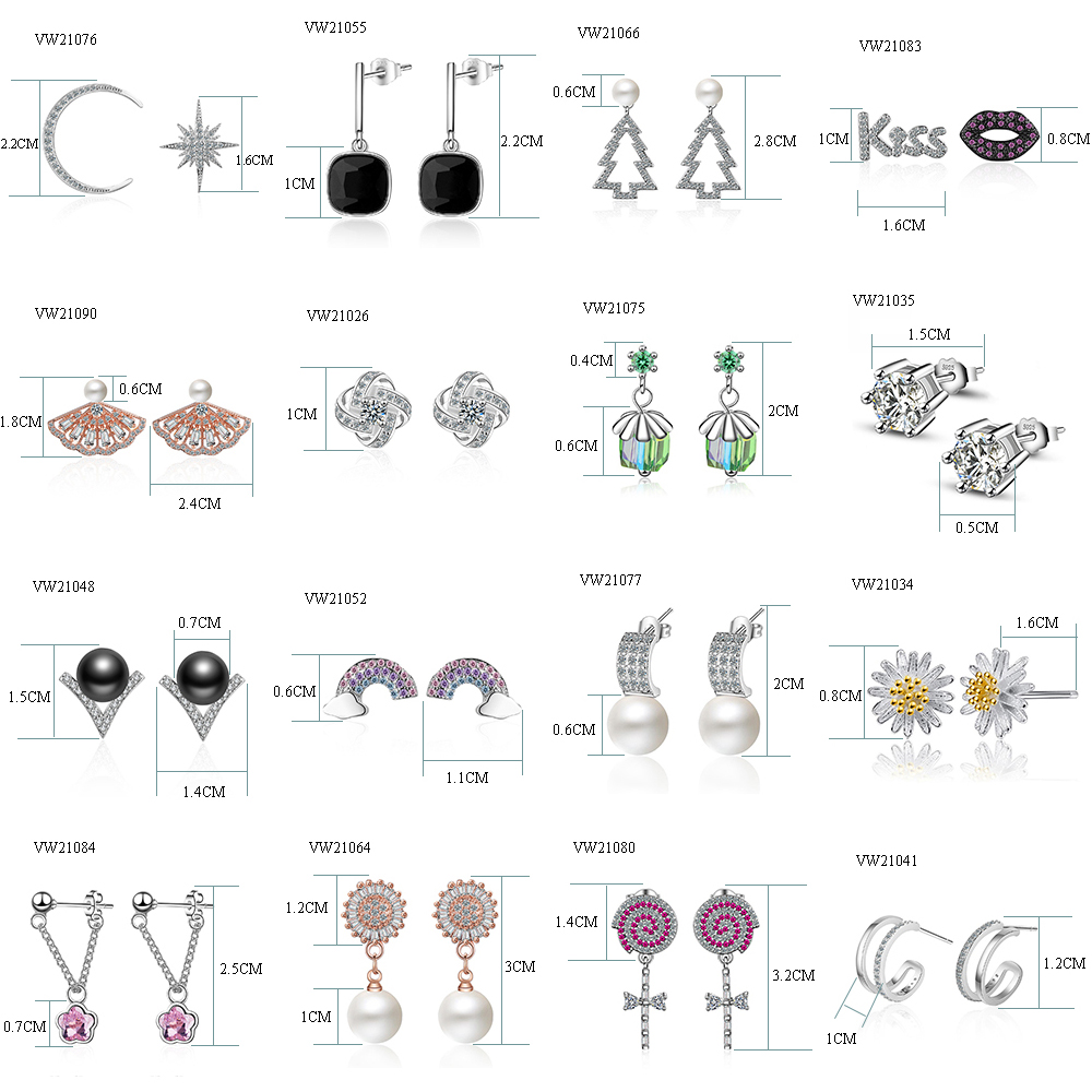 Real 925 Silver Stud Earrings For Girl Fashion Jewelry Wedding Gift Crystal Moon Star
