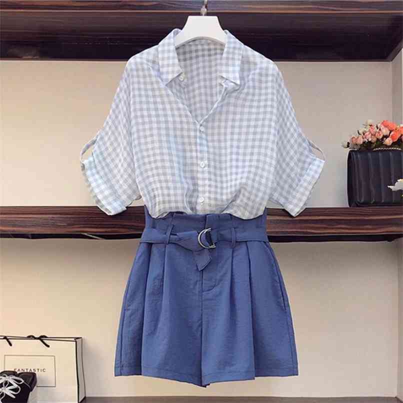 Oversize Shirt With Shorts Two piece Set Women Summer Plaid Lapel Single-breasted Loose and Sashes Ruched Suits 210602, Blue
Oversize Shirt With Shorts Two piece Set Women Summer Plaid Lapel Single-breasted Loose and Sashes Ruched Suits 210602, Blue