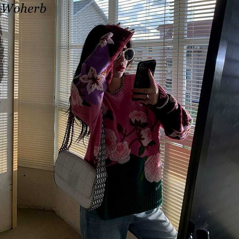 Woherb Flower Embroidery Sweaters Sweet Cute Korean Fashion Clothing Women Pullover Knitwear Autumn O-neck Vintage Jumper Tops 211014