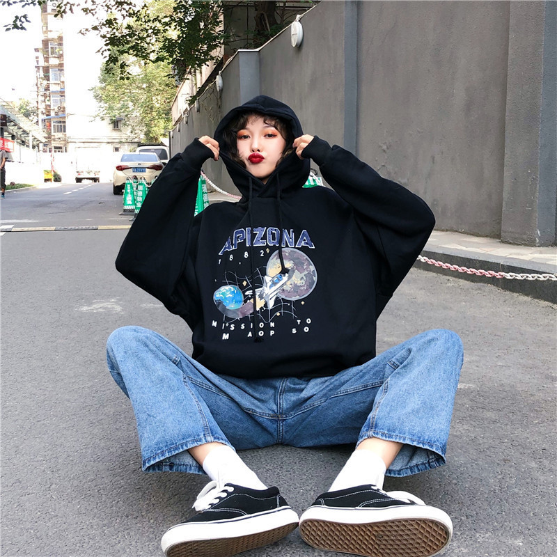 Paris Girl Women Loose Restore Star Airship Printing Black Thin Pullover O-neck Hoddie Sweatshirt Girls White Gray Hoodies T200407