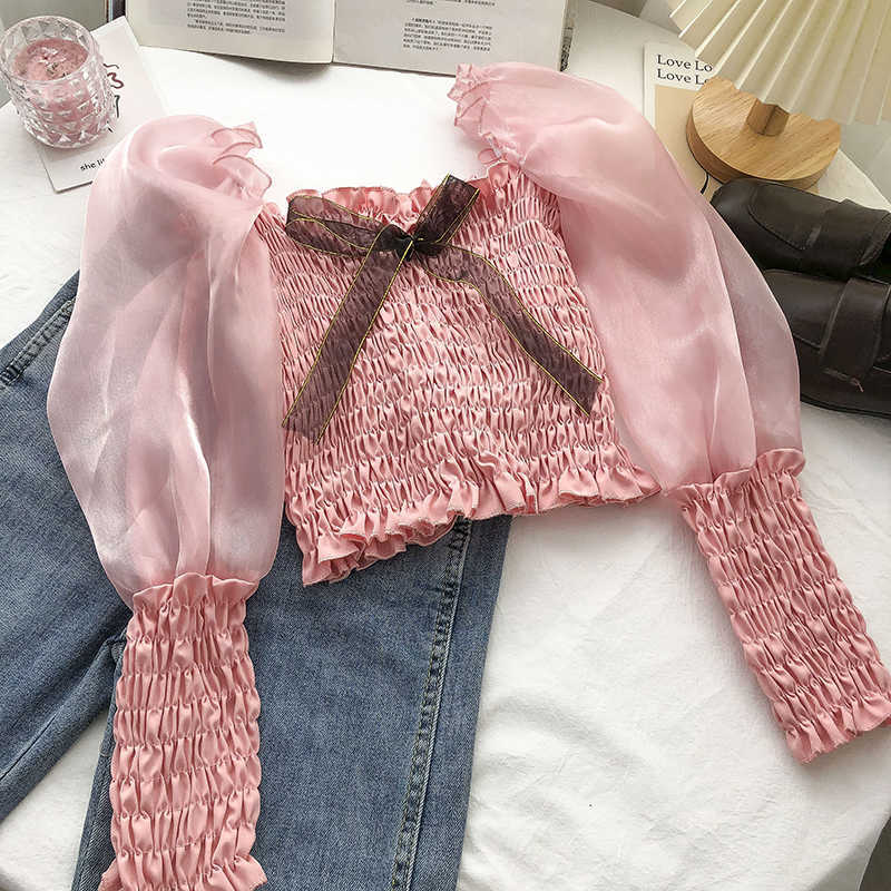 Short Women Doll Shirt Bow Tie Square Collar Puff Sleeve Blouse Top Spring Stretch Slim Crop Blusas 6F171 210603