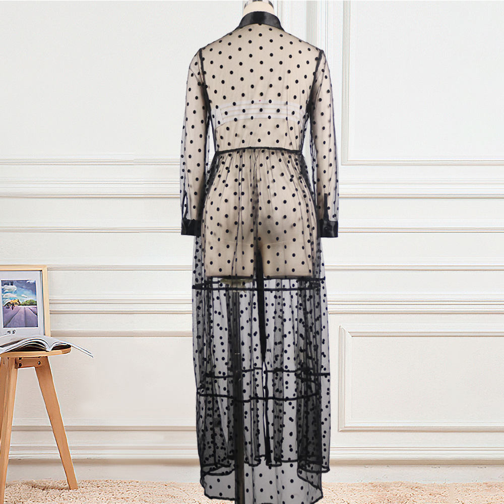 Women Long Mesh Shirt Dress Polka Dot See Through Black Transparent Tulle African Fashion Spring Female Robes Tunic Plus Size XL 210309