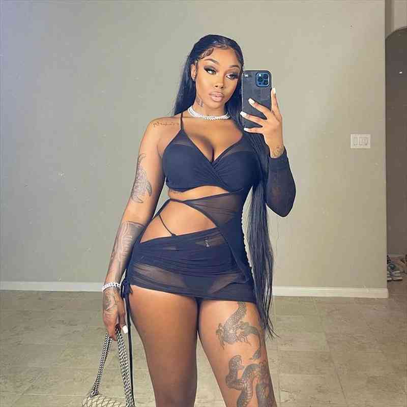 fashion mesh hollow out mini dress summer one sleeve see through dresses solid elegant casual female clothing, Black;gray 
fashion mesh hollow out mini dress summer one sleeve see through dresses solid elegant casual female clothing, Black;gray