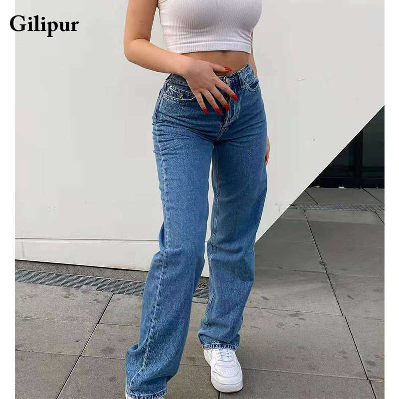 Jeans Women Fashion Mom Straight Leg Pants Washed Blue Casual Long Denim Trousers High Waist Streetwear 210922