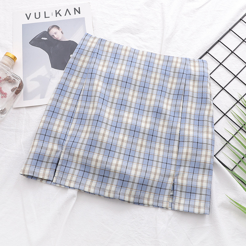 Europe and the United States women's wear the new summer tall waist grid double split with pants bag hip skirt 210309