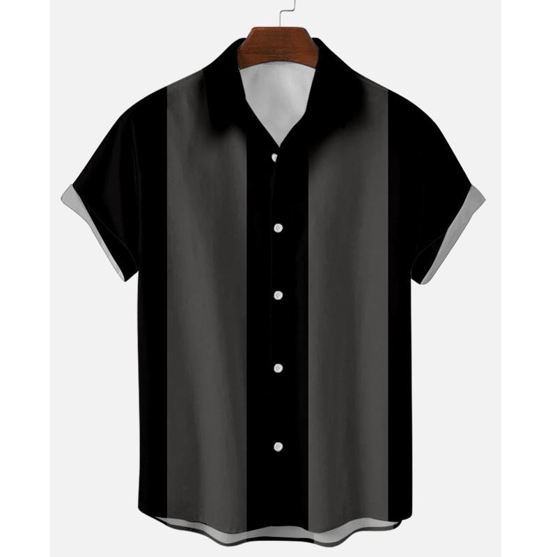 Men's Casual Shirts 2021 Summer Light Bowling Men Vertical Striped Printed Lapel Short Sleeve Blouse Tops Button Up Shirt