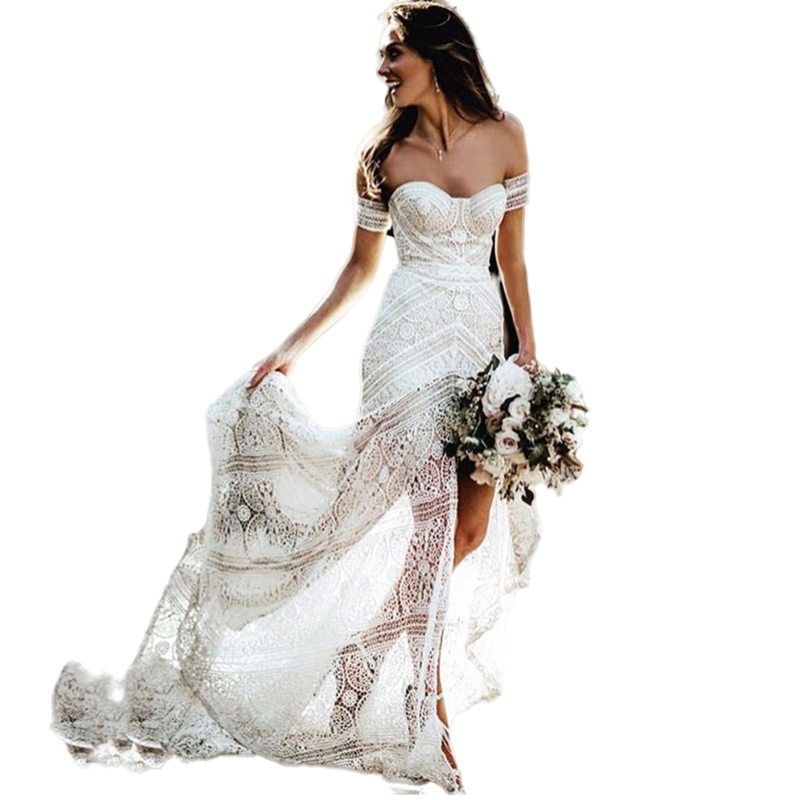 Rustic Full Crochet Lace Mermaid Wedding Dresses Long Bridal Gowns Split Front 2022 Sexy Summer Country Boho Beach Sweetheart Bride Dress Custom Made
