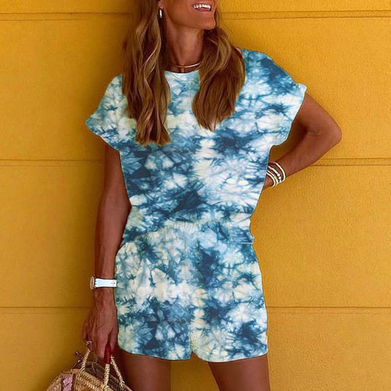 Tie Dye Printed Women Clothing Set Two Piece Long Sleeve Blouses + Shorts Ladies Outfits Fashion Casual Female Clothes Set 210709
