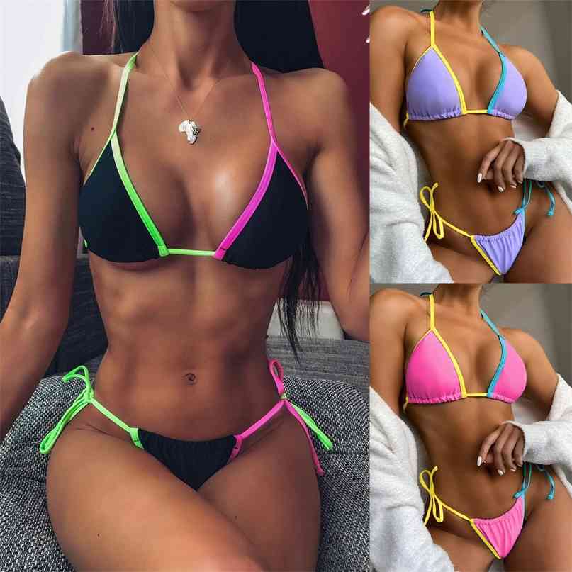 Sexy Thong Micro Bikinis Women Swimsuits Color Border Push up Swimwear Female Bikini Set Brazilian Biquini Bathing Suits 210625