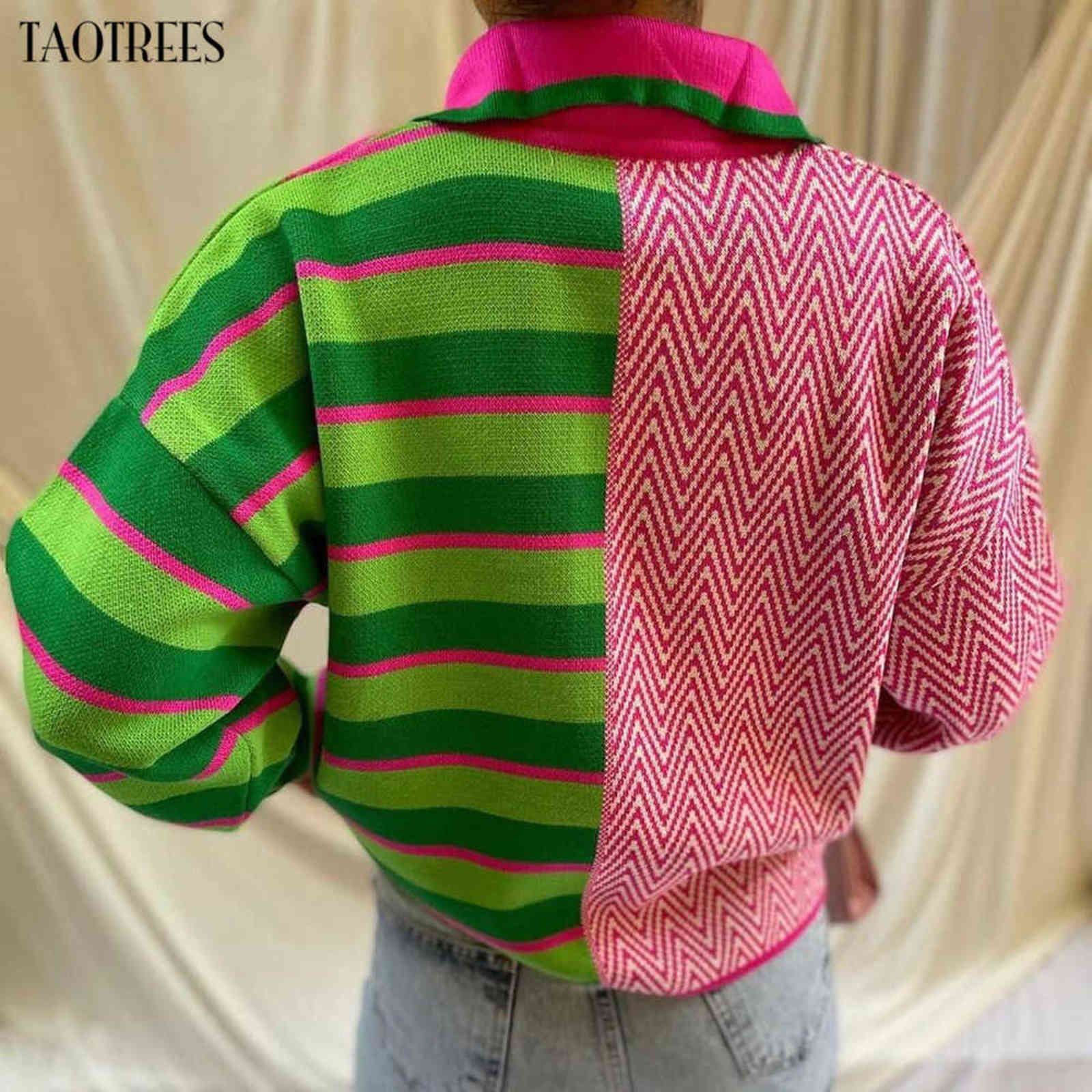 Taotrees Women's Knitwear Knitted Long Sleeve Colorblock Pullover Striped and Wave Pattern Lapel Sweater Jumper 211109