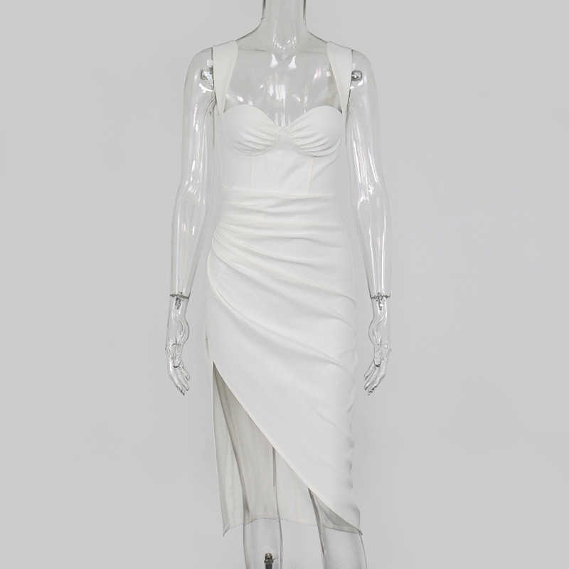 DEAT Women Spring Summer White Pleated Sexy Sleeveless Asymmetrical Temperament Fashion Sling Dresses ML762 210709