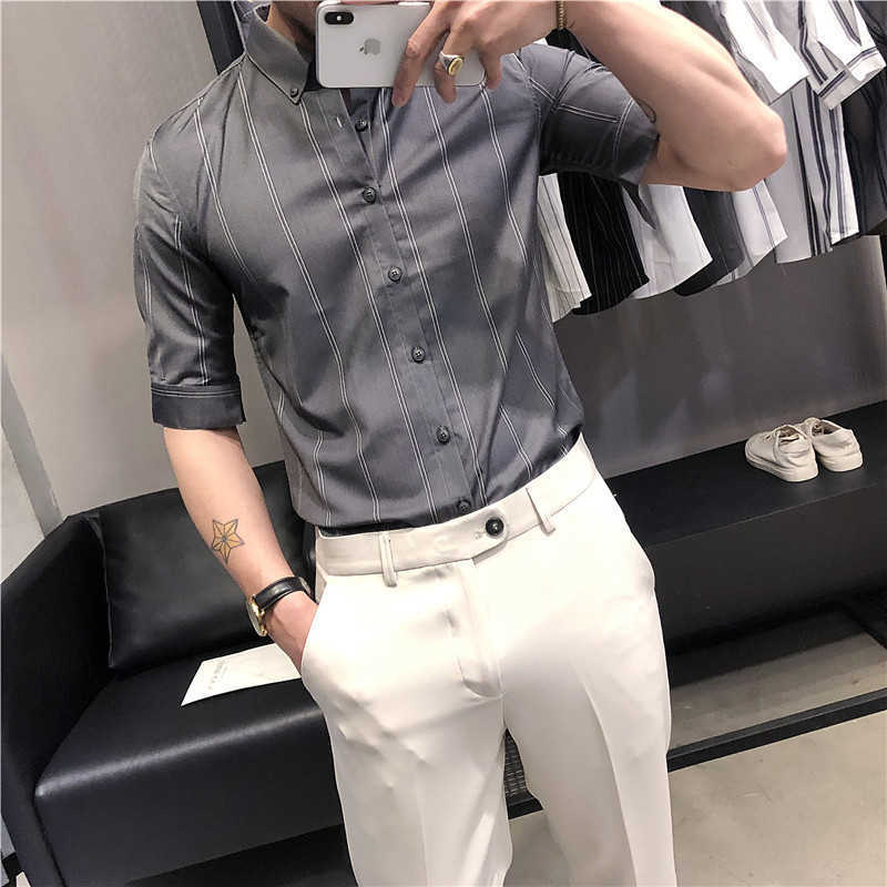 Summer Striped Shirts Men 3/4 Sleeve Business Dress Shirts Slim Fit Casual Office Shirt Social Streetwear Male Clothing Camisas 210527