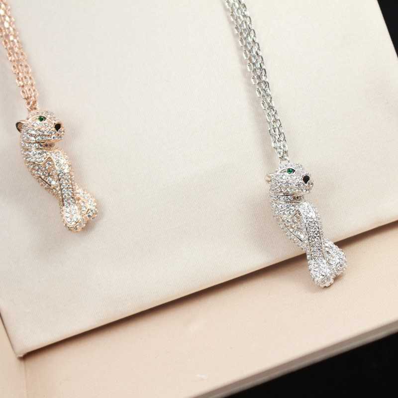 Trendy Elegant Leopard Cross Leg Charm Necklace Zircon Green Eyes Animal Panther Necklace Long Chain Women Brand Wedding Jewelry X0707 - view 4