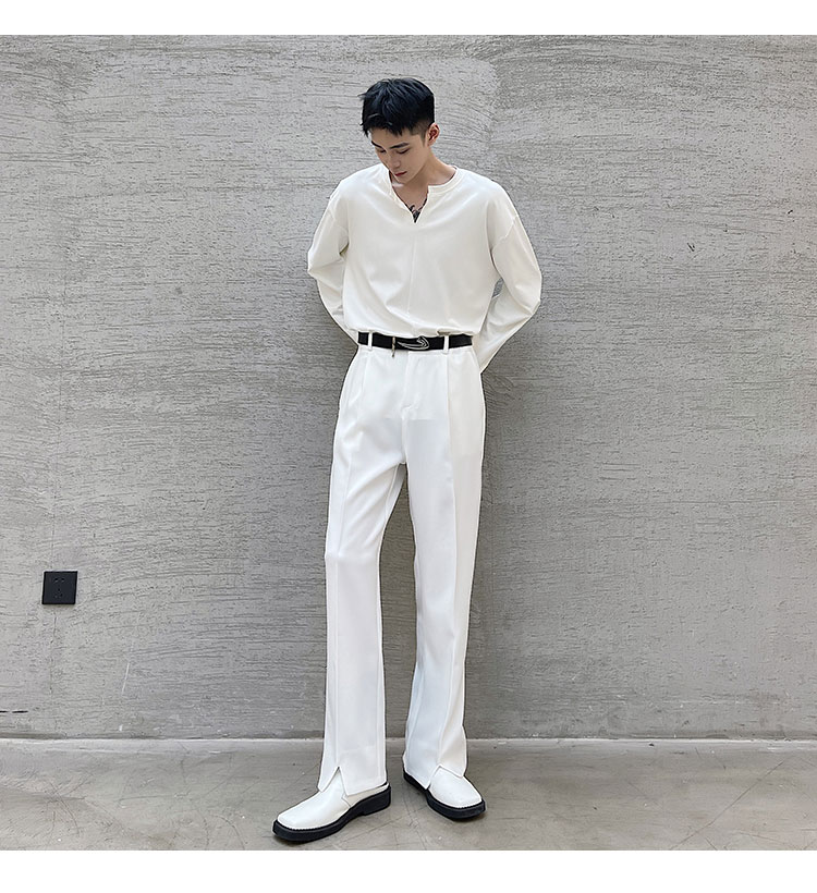 Trend Simple Men Casual Trousers Hem Open Suit Pant Male Fashion Loose Korean Streetwear Straight Pants Man