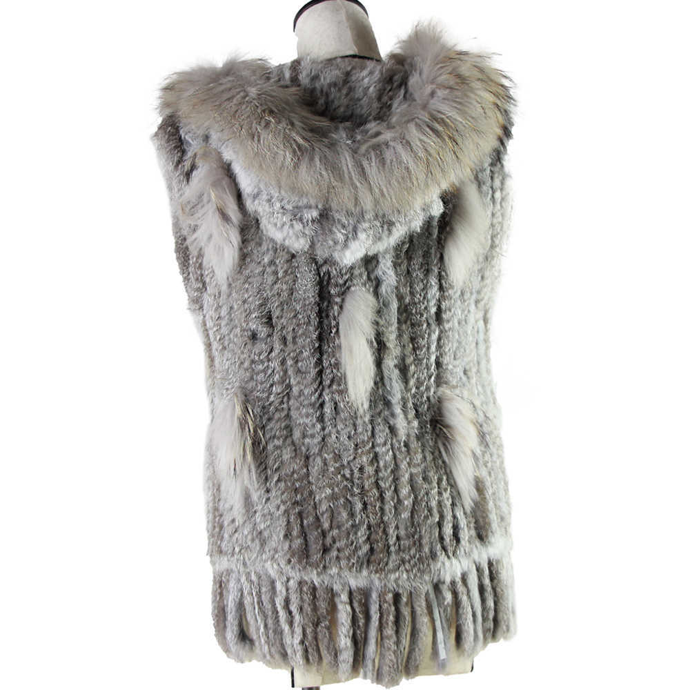 Harppihop fashion rabbit fur vest raccoon trimming knitted with hood waistcoat gilet 210816