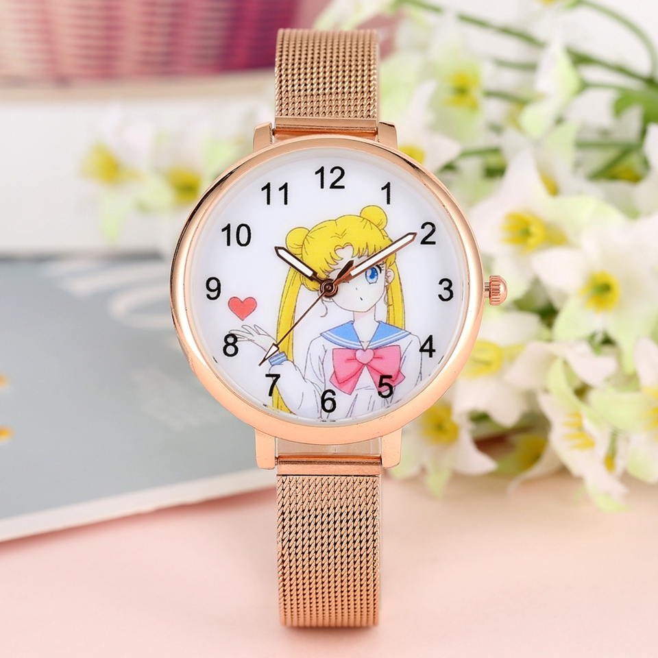 Sailor Moon Womens Bracelet Watch Fashion Rose Gold Mesh Band Quartz Ladies Clocks Female Watches Hours Gifts Relogio Feminino278y