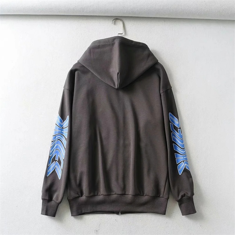 Women Letter Print Organic Cotton Zip Through Hoodie In Dark Grey Oversized Zip Up Hooded Sweatshirt 201217