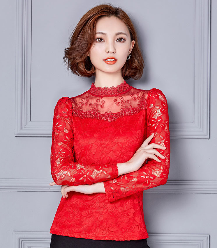 Women Sexy Hollow Out Chiffon Lace Blouse Long Sleeve Stand Collar Floral Lace Shirt Tops Casual Women clothing Blusas 210225