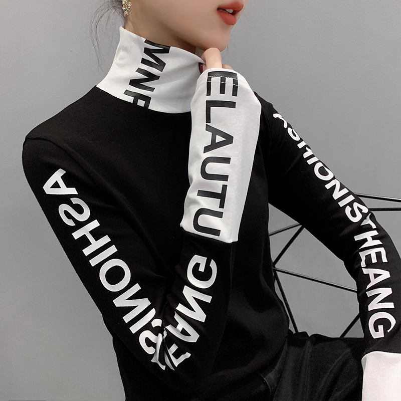 Fall Winter European Clothes Tshirt Chic Patchwork Letter Thick Broshed Long Sleeve Brushed Cotton Tops Ropa Mujer Tees T00514A 210302