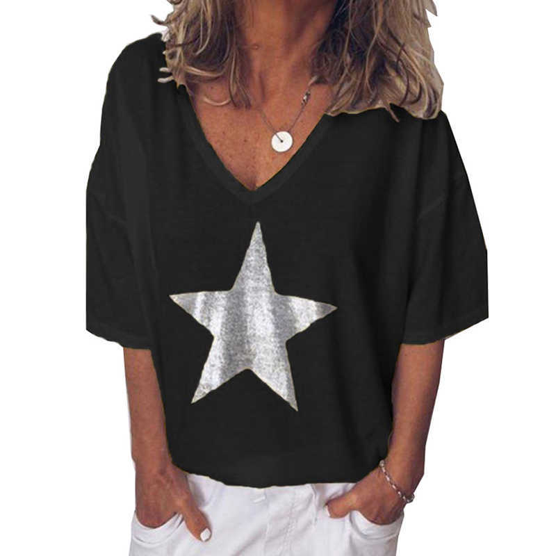 Summer Star Print T-Shirt Women Casual V Neck Short Sleeve Loose White Tee Tops Fashion Solid Color Basic T-Shirts Plus Size 5XL 210526