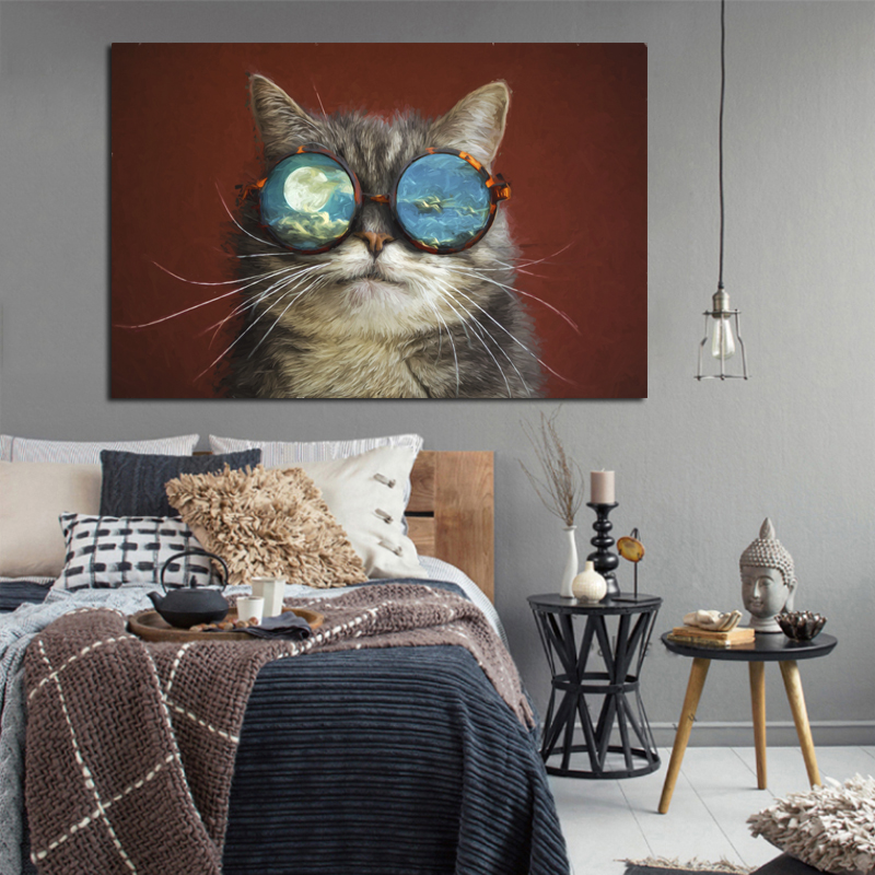 Cat With Glasses Poster Canvas Painting Wall Art Pictures For Living Room Animal Posters And Prints Modern Home Decor Cuadros
