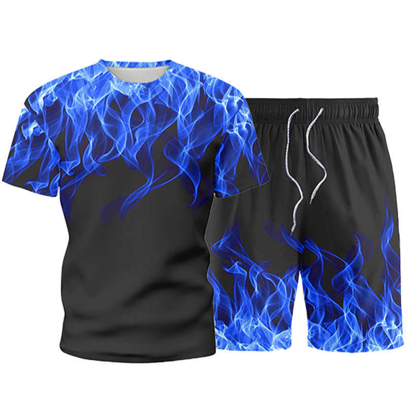 Men's Sets Summer Flame Print Men Tracksuit Casual Short Sleeve T-shirt+Shorts Two Piece Fashion Sportswear Male Sports Suit 210603