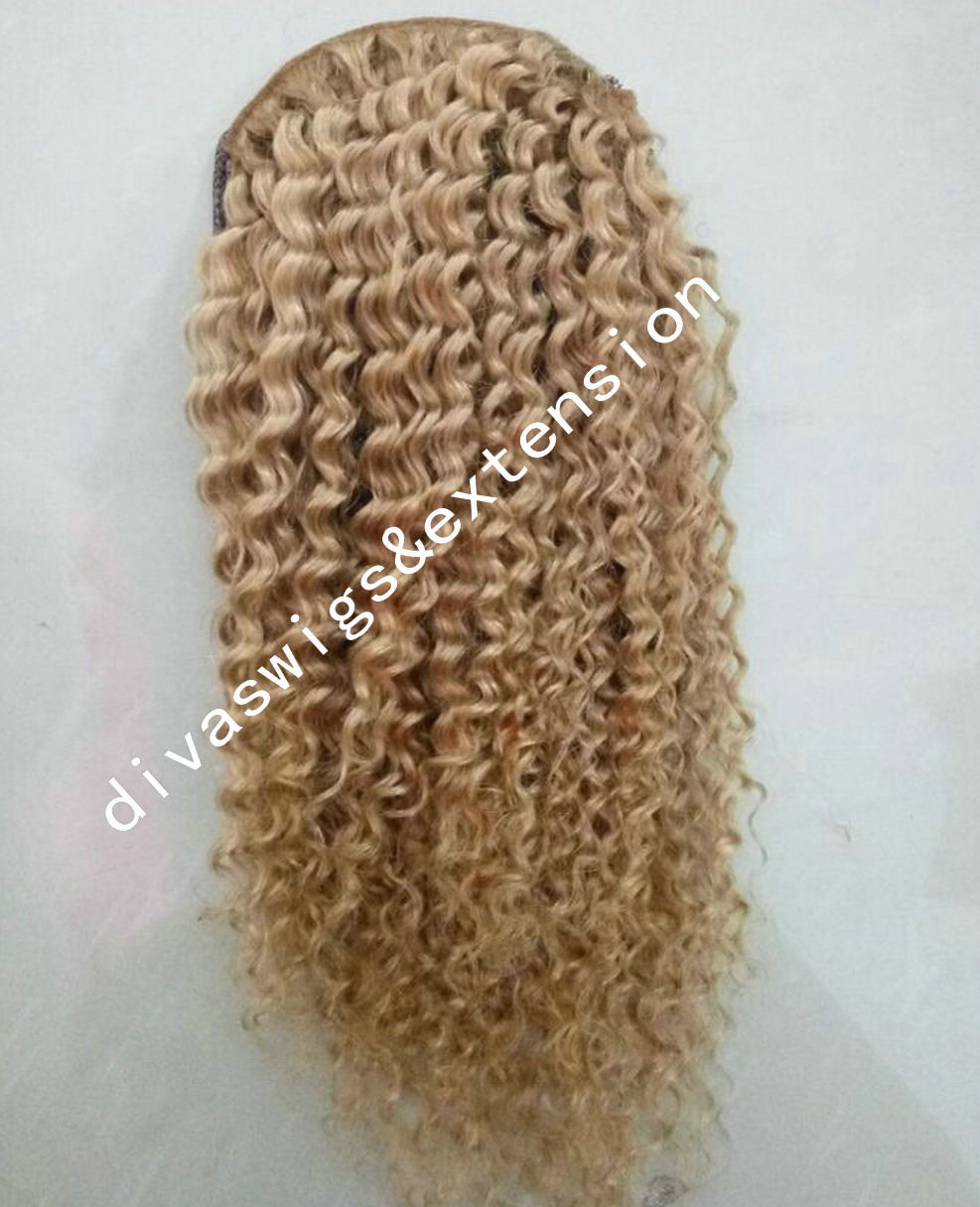 African remy Kinky curly honey blonde drawstring ponytail virgin human hair extension cuticle aligned strawberry blond draws tring ponytail hairpiece 