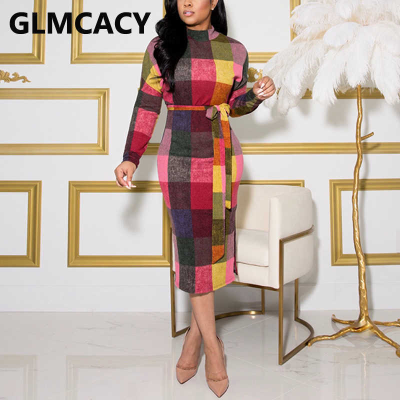 Women Long Sleeve O Neck Plaid Slim Pencil Dress Casual Classy Bodycon Midi Dresses 210702