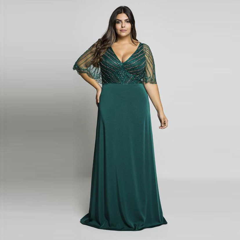 2021 Hunter Green Beading Plus Size Prom Dresses V-Neck Evening Gowns With Wrap A-Line Floor Length Long Formal Dress