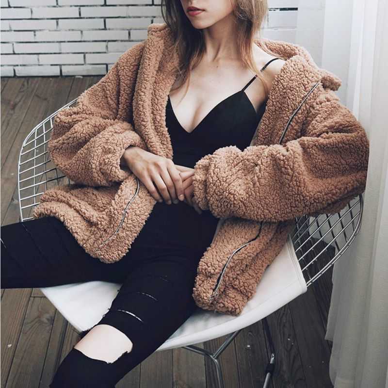 Elegant Faux Fur Coat Women Autumn Winter Warm Soft Zipper Fur Jacket Female Plush Overcoat Pocket Casual Teddy Outwear 3XL 211019