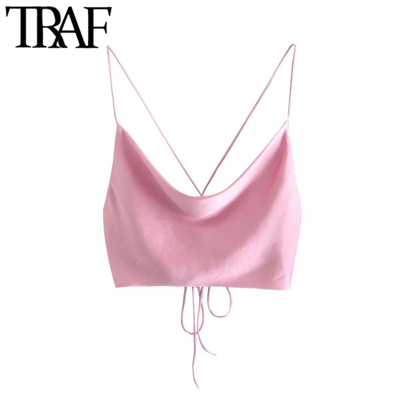 TRAF Women Sexy Fashion With Tied Soft Touch Cropped Tank Tops Vintage Backless Cross Thin Straps Female Camis Mujer 210625