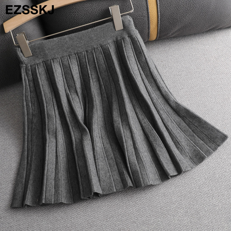 Autumn winter short women mini sweater pleated aline sun skirt highwaist 210306