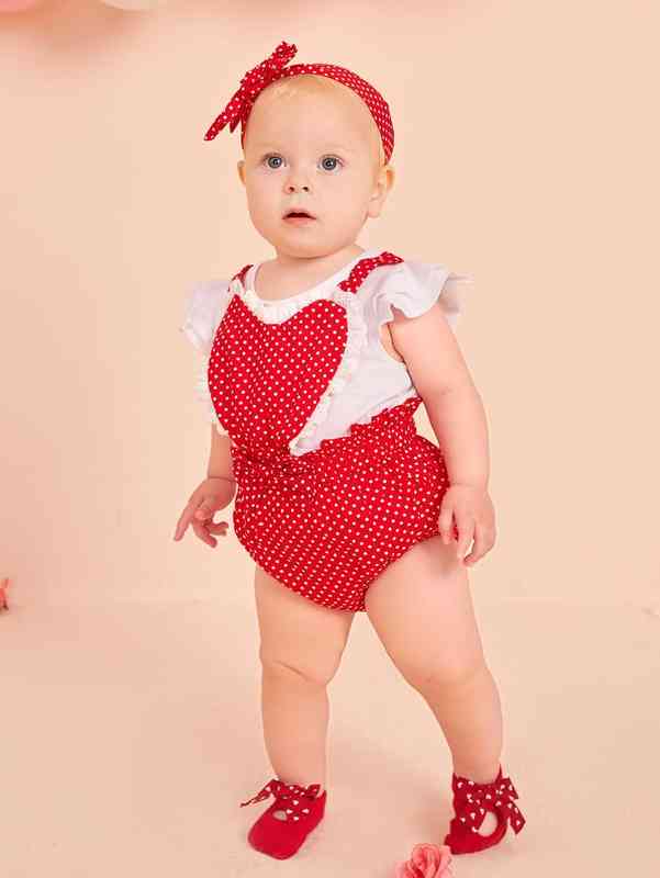 Baby Polka Dot Criss Cross Eyelet Embroidery Paperbag Waist Bodysuit With Headband Without Top SHE