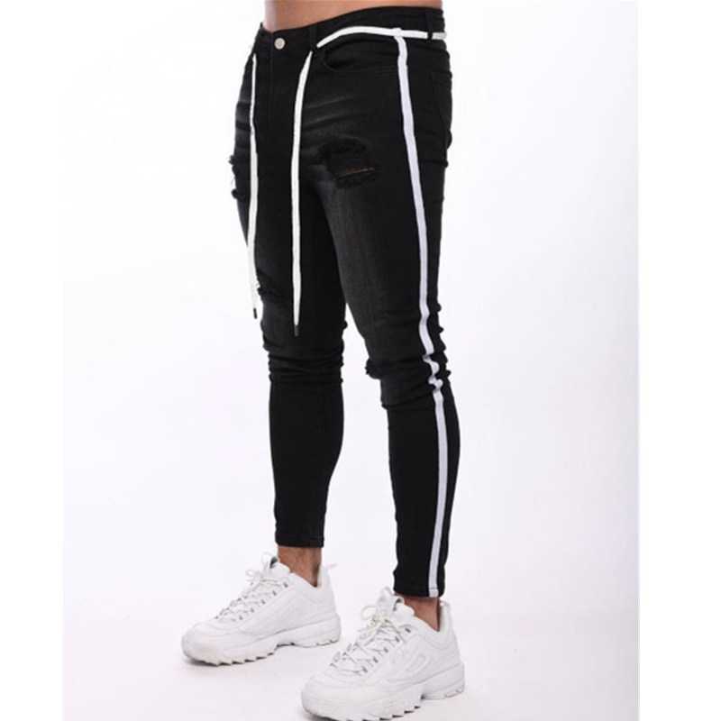 NEW Men Skinny Jeans Biker Destroyed Frayed Fit Denim Ripped Side Stripe Pencil Pants Hip Hop Streetwear Jeans S-4XL X0621