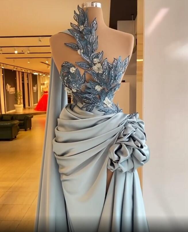 aso ebi arabic silver lace beaded evening dresses high neck prom dresses high split formal party second reception gowns zj644