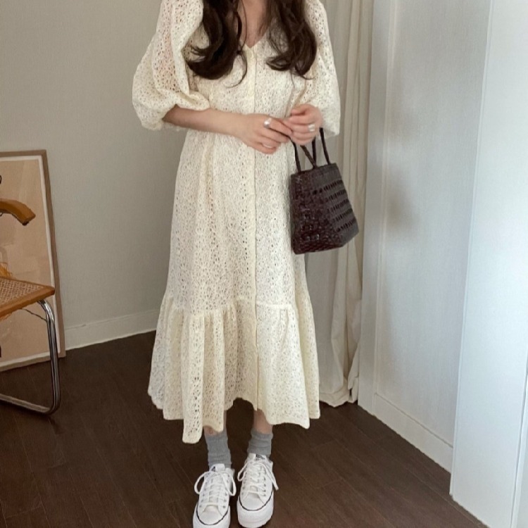 Casual Midi Dress Korean Hollow Out Belt Printed V-collar Temperament Loose Fit Fashion Summer Women's 2P1647 210526